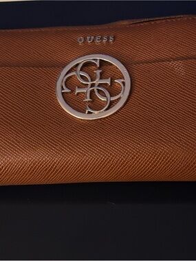 GUESS Brown Saffiano Wallet with Silver Logo Emblem